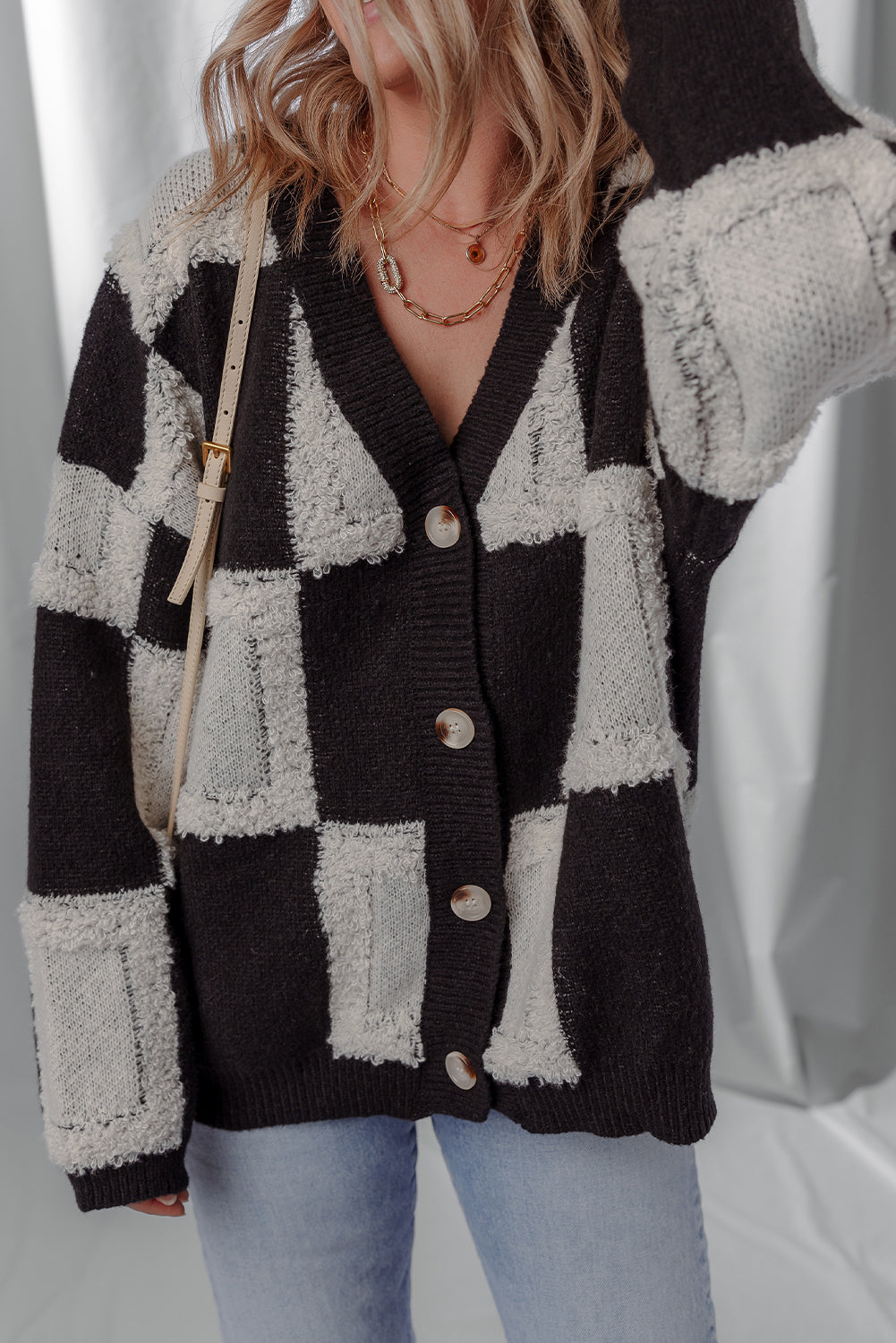 Black Button Front V Neck Checkered Pattern Knit Sweater Cardigan