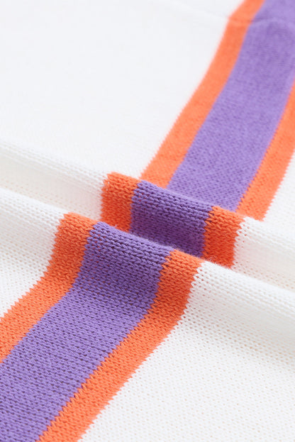 Beige Button-Up Striped Cardigan with Ribbed Trim and Long Sleeves