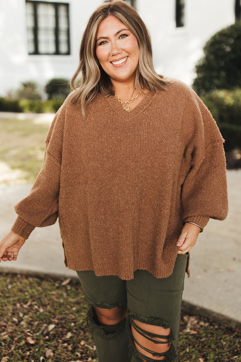 Chestnut Plus Size V Neck Drop Shoulder Knit Side Slit Loose Sweater