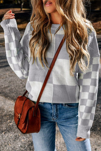 Grey Plaid Drop Shoulder Knit Sweater
