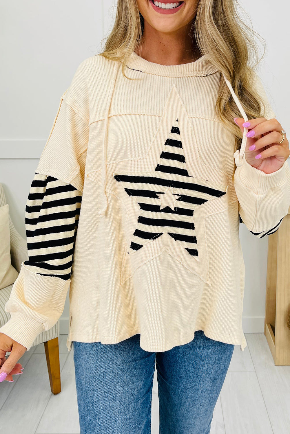 Beige Waffle Texture Striped Star Patchwork Oversize Hoodie