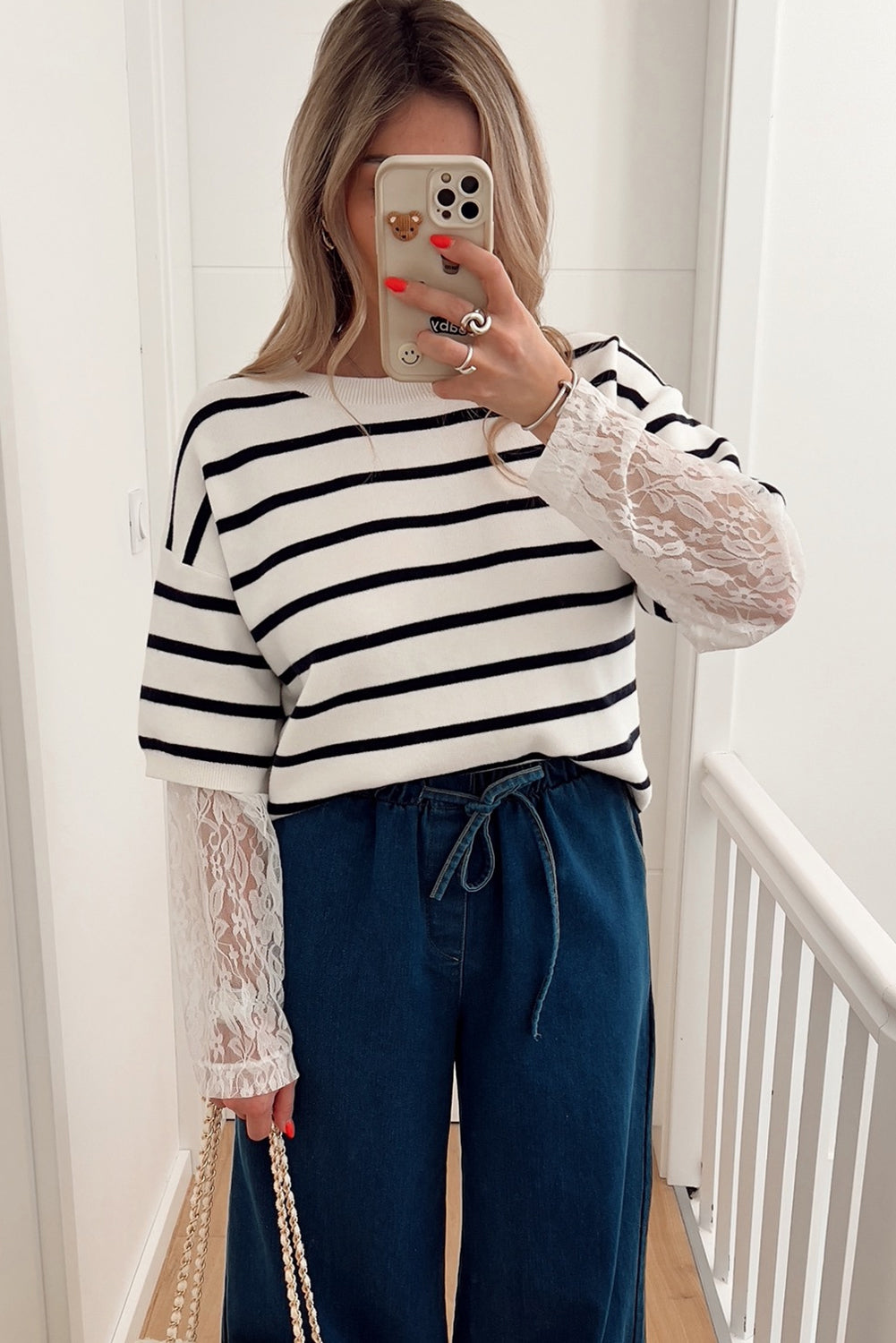 White Stripe Drop Shoulder Knit Lace Patchwork Long Sleeve Sweater