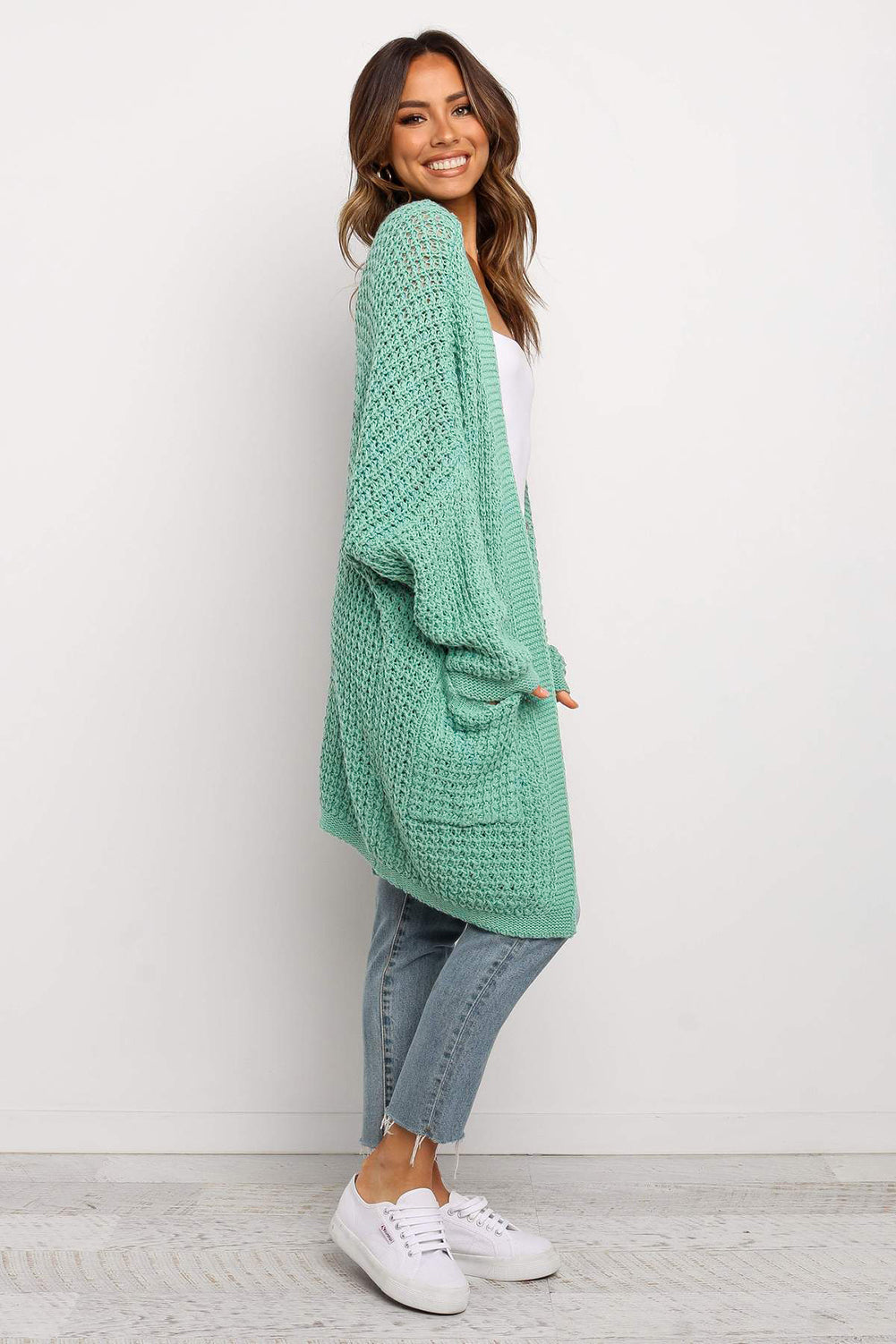 Green Long Line Open Front Knitted Cardigan with Pockets
