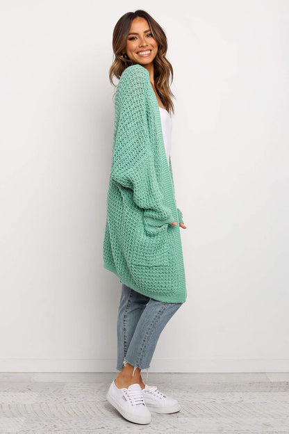 Green Long Line Open Front Knitted Cardigan with Pockets