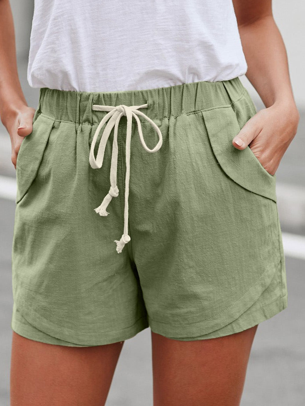 Green Linen Drawstring Shorts
