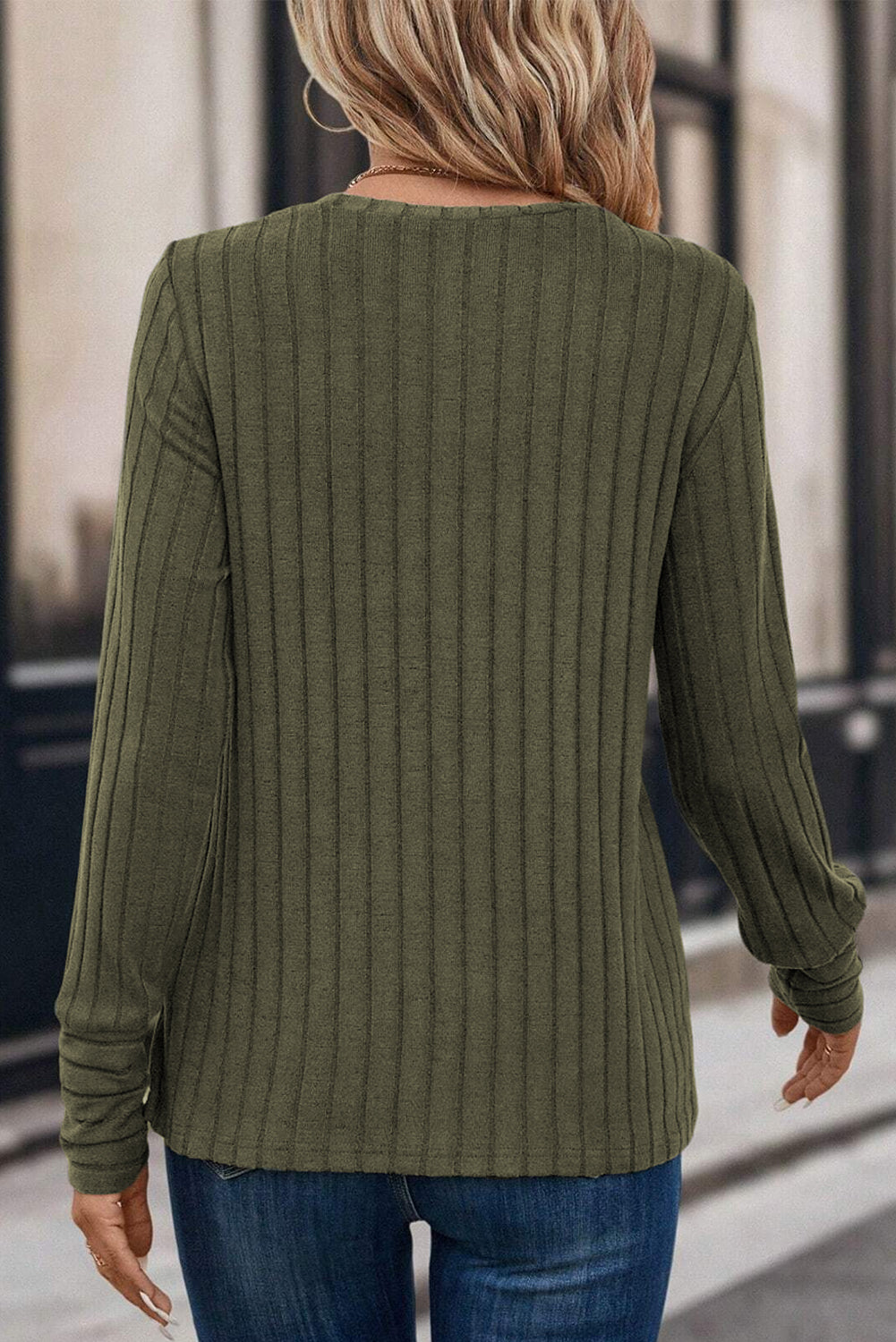 Green Ribbed Knit Long Sleeve Tee