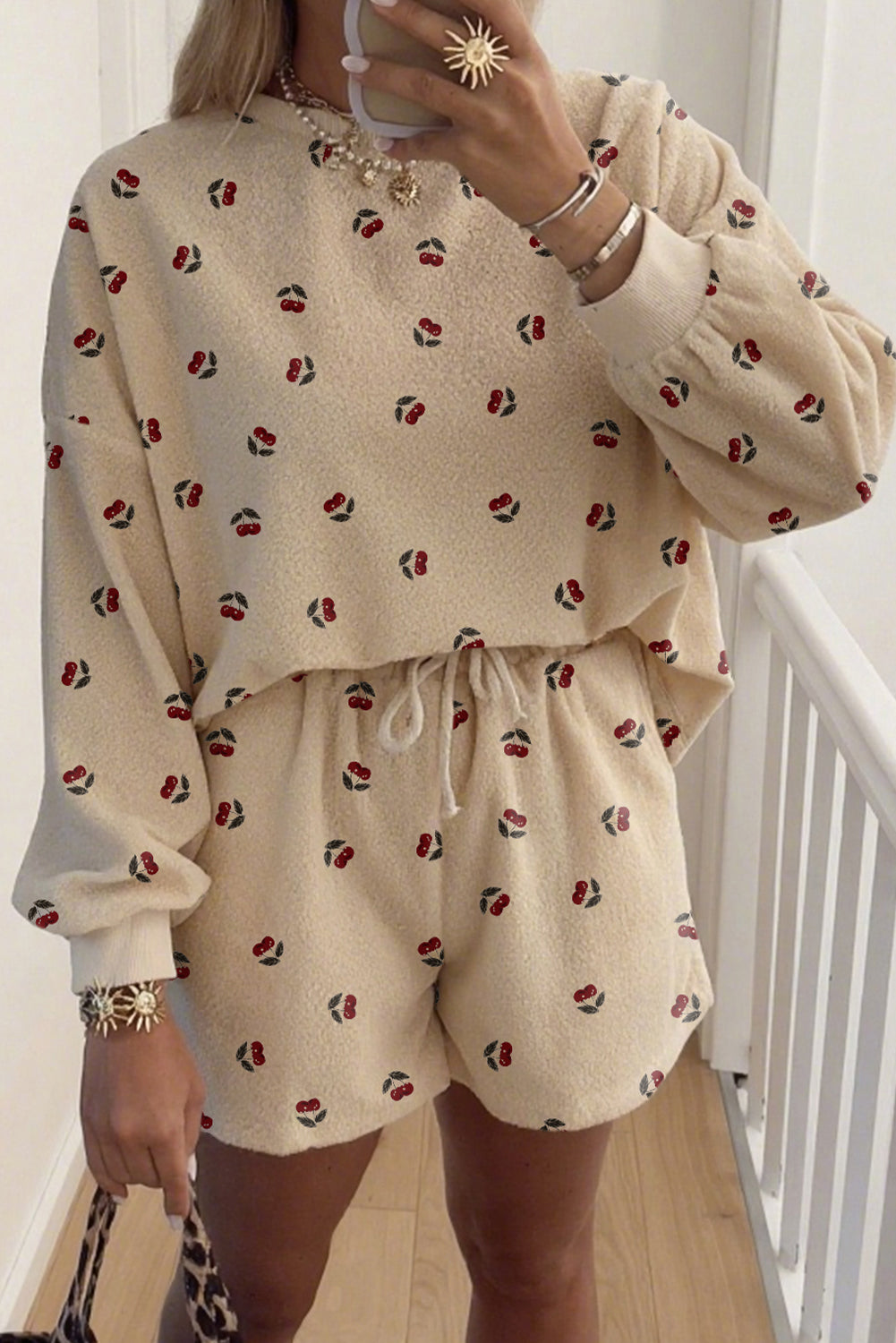 Oatmeal Cherry Print Oversize Top Drawstring Shorts 2pcs Sherpa Set