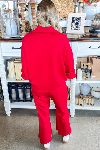 Fiery Red Polo Collar V Neck 3/4 Sleeve Pullover Drawstring Bell Bottom Pants 2pcs Set