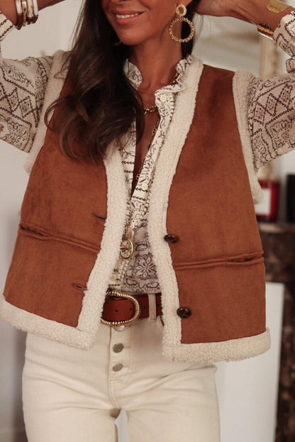 Chestnut Faux Suede Sherpa Patchwork Winter Vest