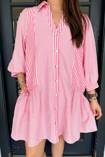 Pink Stripe Long Sleeve Button Front Ruffled Hem Plus Size Mini Shirt Dress