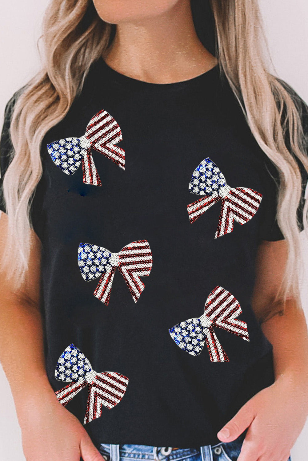 Glittering Patriotic Bowknot Graphic Tee