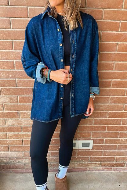 Sky Blue Contrast Panel Patchwork Button Down Boyfriend Style Denim Jacket