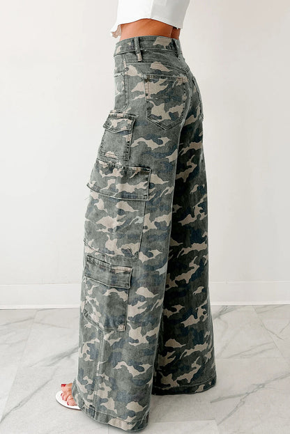 Green Camo Denim Cargo Wide Leg Pants