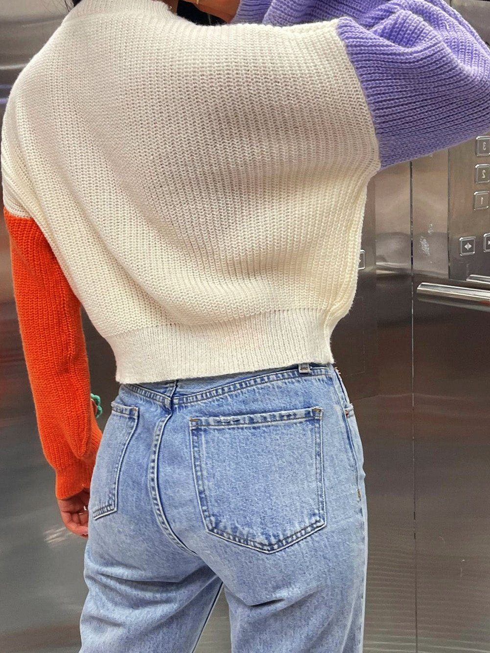 Floral Patchwork Drop Shoulder Knit Sweater with Colorblock Design