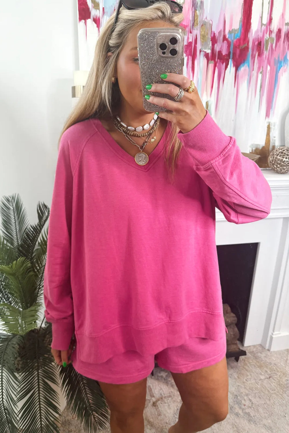 Strawberry Pink V Neck Long Sleeve Pullover Top Loose Shorts 2pcs Lounge Set