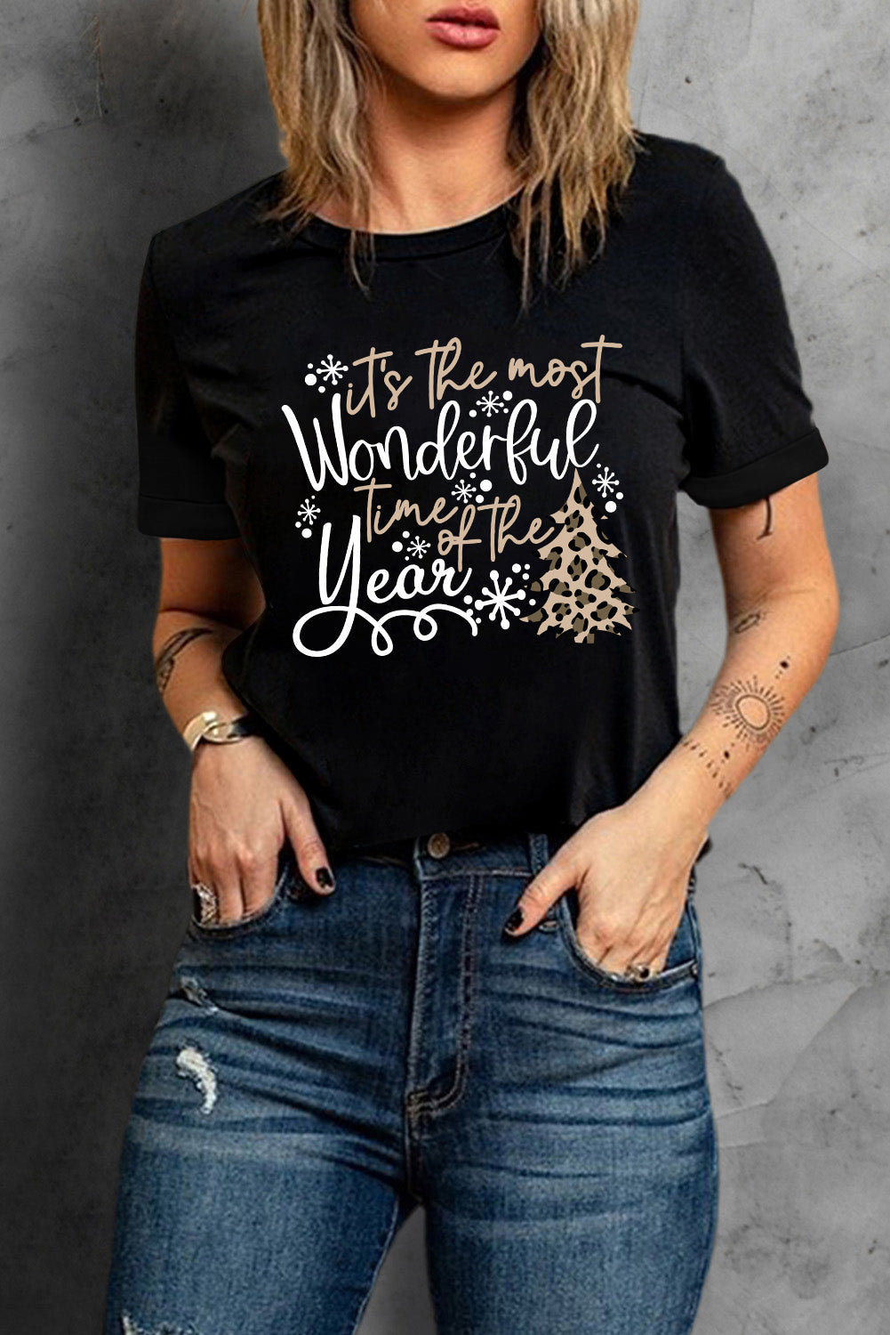 Festive Black Leopard Graphic Tee with Christmas Vibes