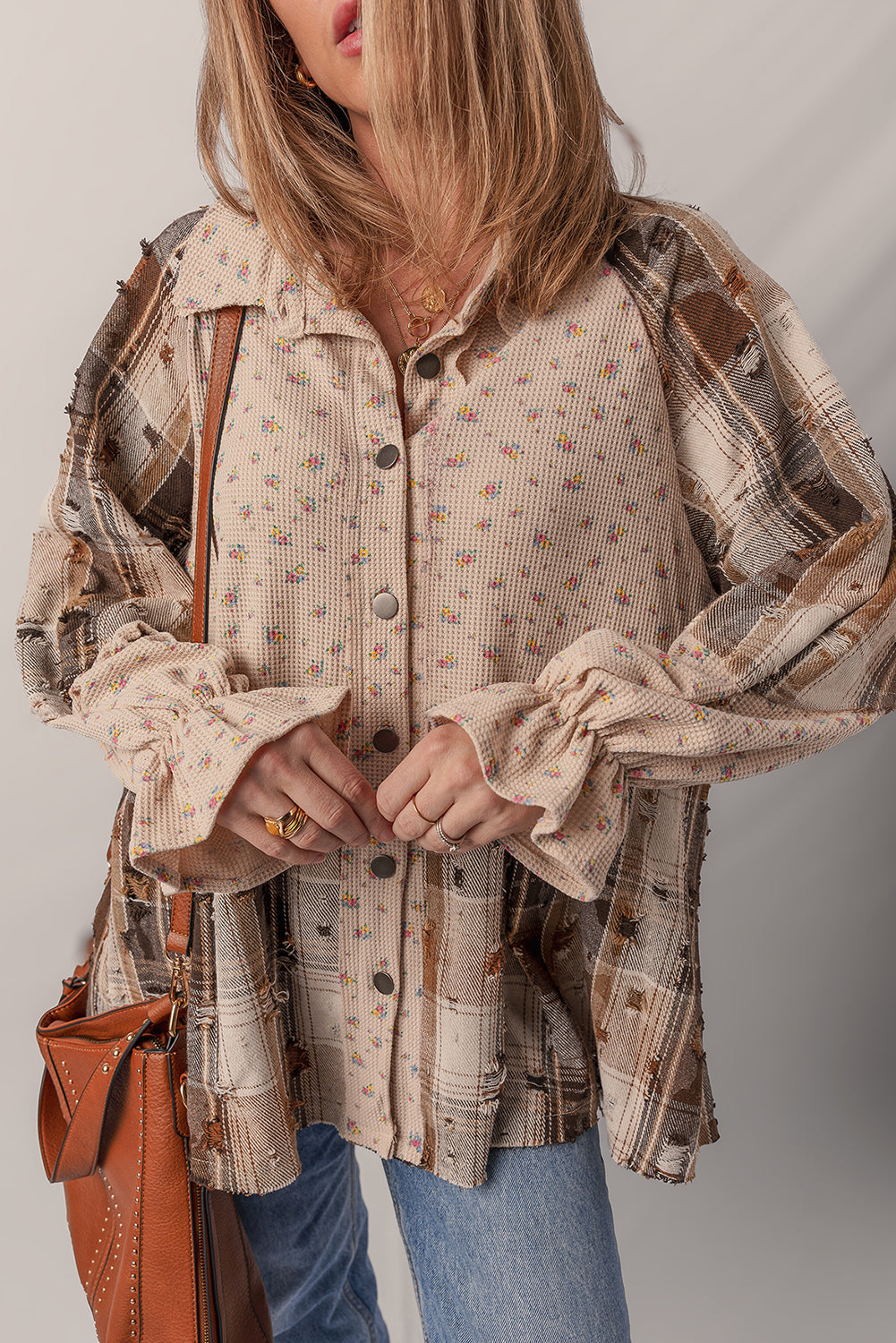 Oatmeal Boho Floral Plaid Patchwork Distressed Detail Ruffled Sleeve Waffle Knit Shacket