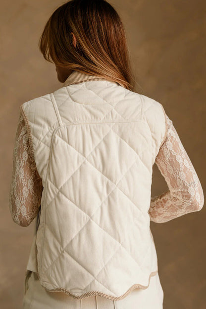 White Quilted Texture Corduroy Trim Contrast Collar Patchwork Vest