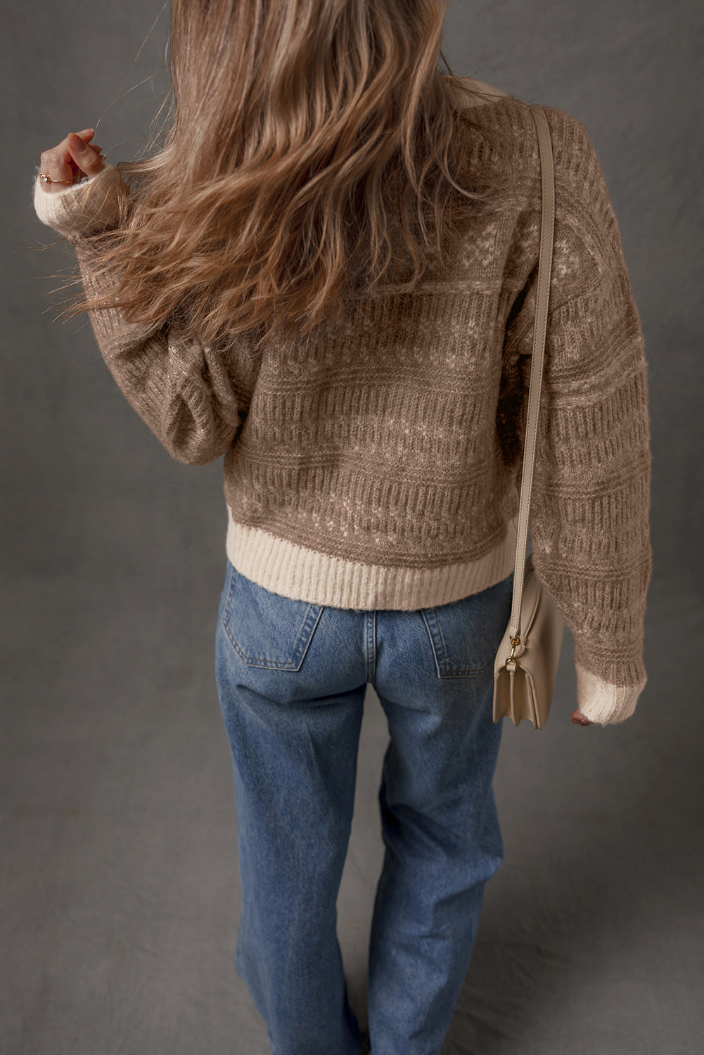 Dark Brown Geometric Knit Color Contrast Drop Sleeve Sweater