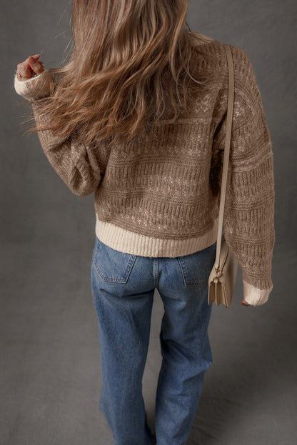 Dark Brown Geometric Knit Color Contrast Drop Sleeve Sweater