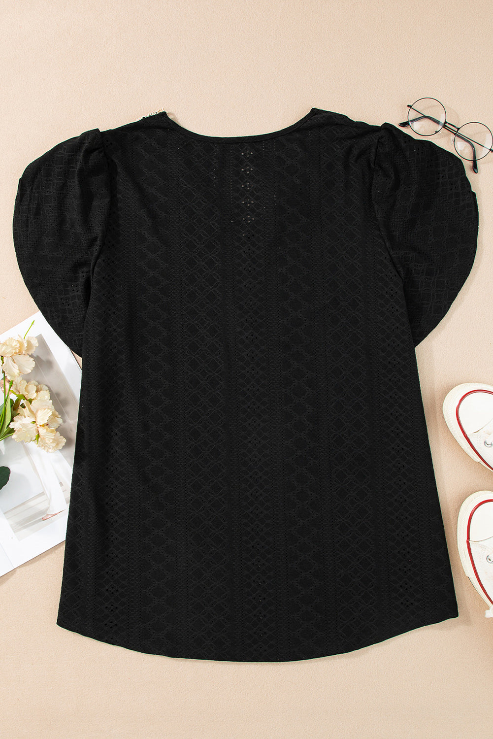 Chic Black Eyelet Embroidered V Neck Lace Top for Plus Size Women