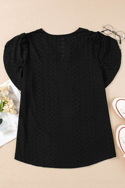 Chic Black Eyelet Embroidered V Neck Lace Top for Plus Size Women