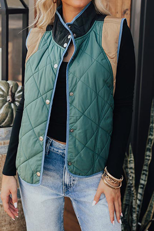 Evergreen Color Contrast High Neck Snap Button Quilted Vest