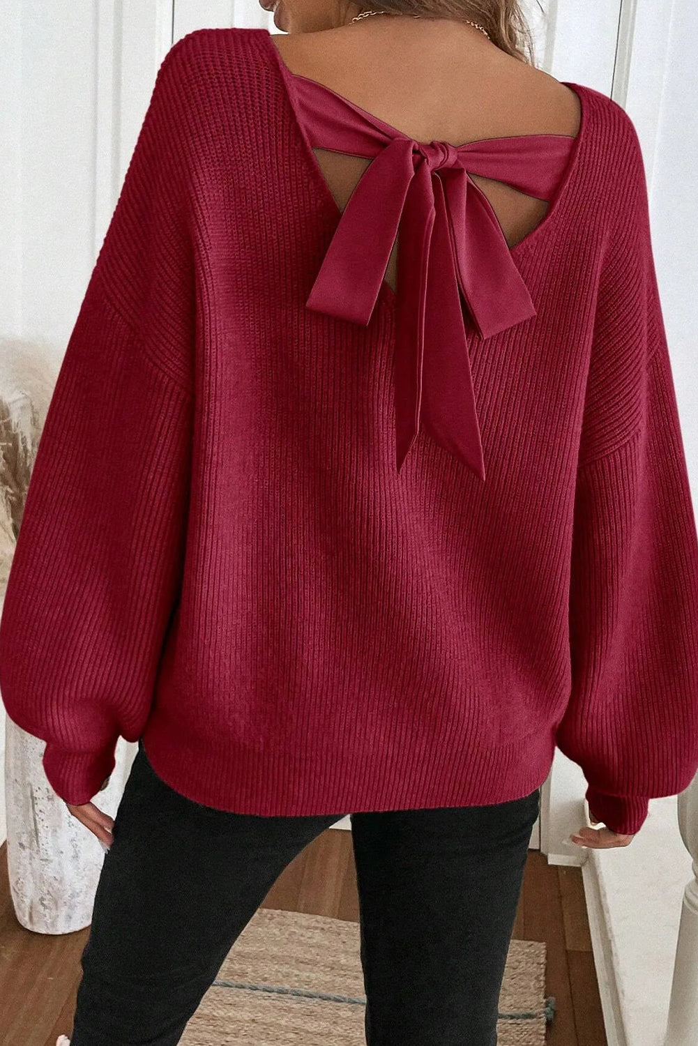 Red Dahlia Ribbed Knit Contrast Ribbon Knot Drop Shoulder Sweater