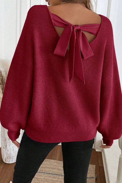 Red Dahlia Ribbed Knit Contrast Ribbon Knot Drop Shoulder Sweater