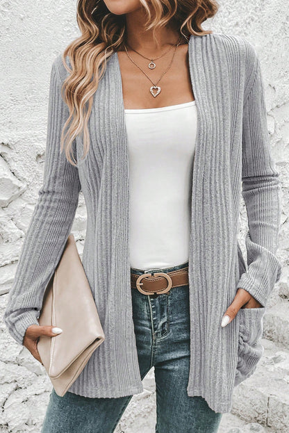 Light Grey Ribbed Open Front Knitted Top with Pockets