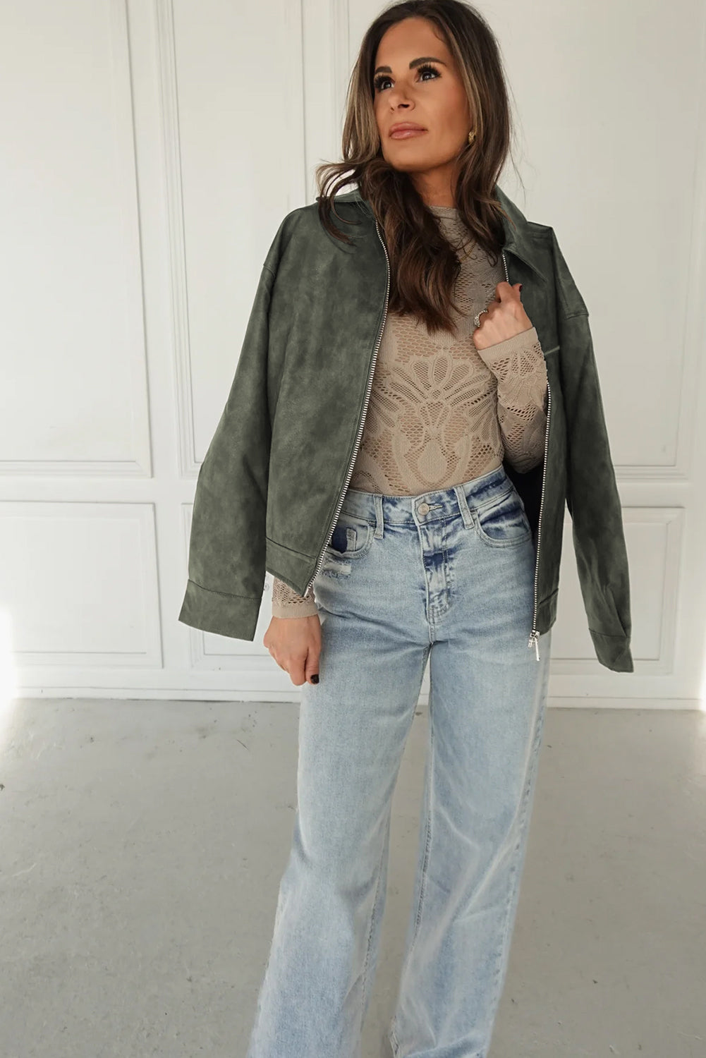 Four Leaf Clover Vintage Faux Leather Button Pleated Cuffs Zip Up Jacket