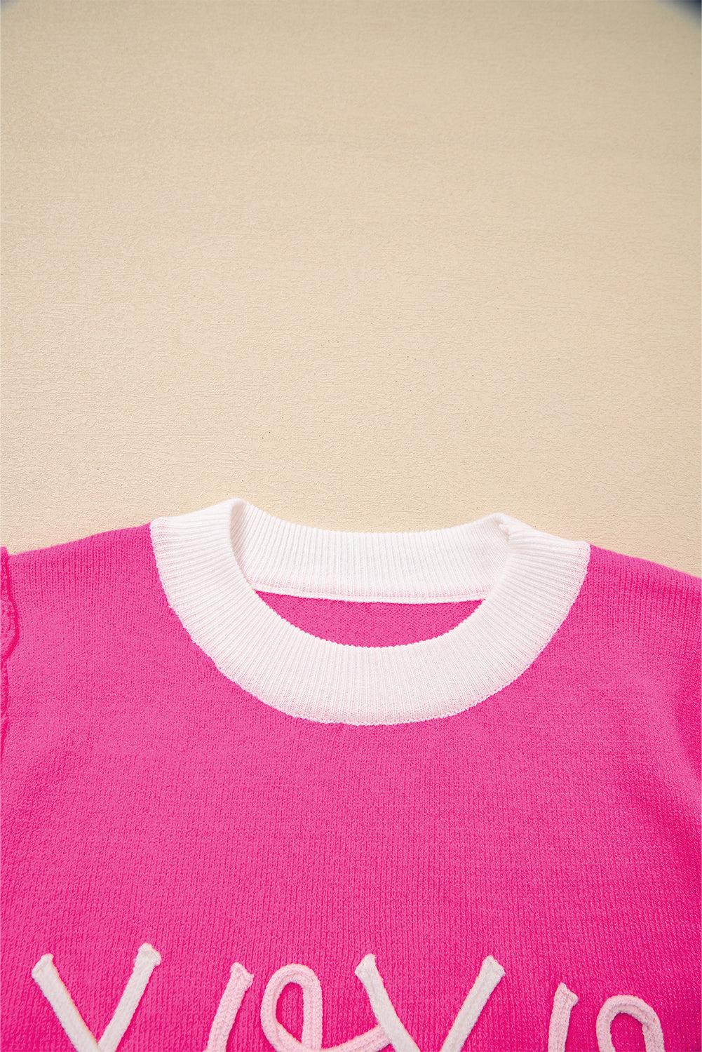 Bright Pink XOXO Tinsel Graphic Valentines Contrast Trim Crew Neck Short Puff Sleeve Sweater Tee
