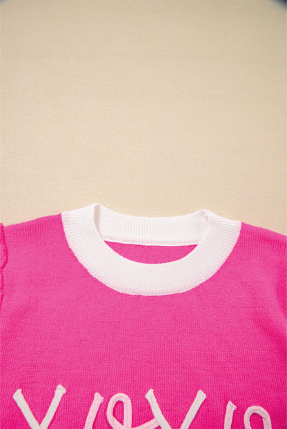 Bright Pink XOXO Tinsel Graphic Valentines Contrast Trim Crew Neck Short Puff Sleeve Sweater Tee