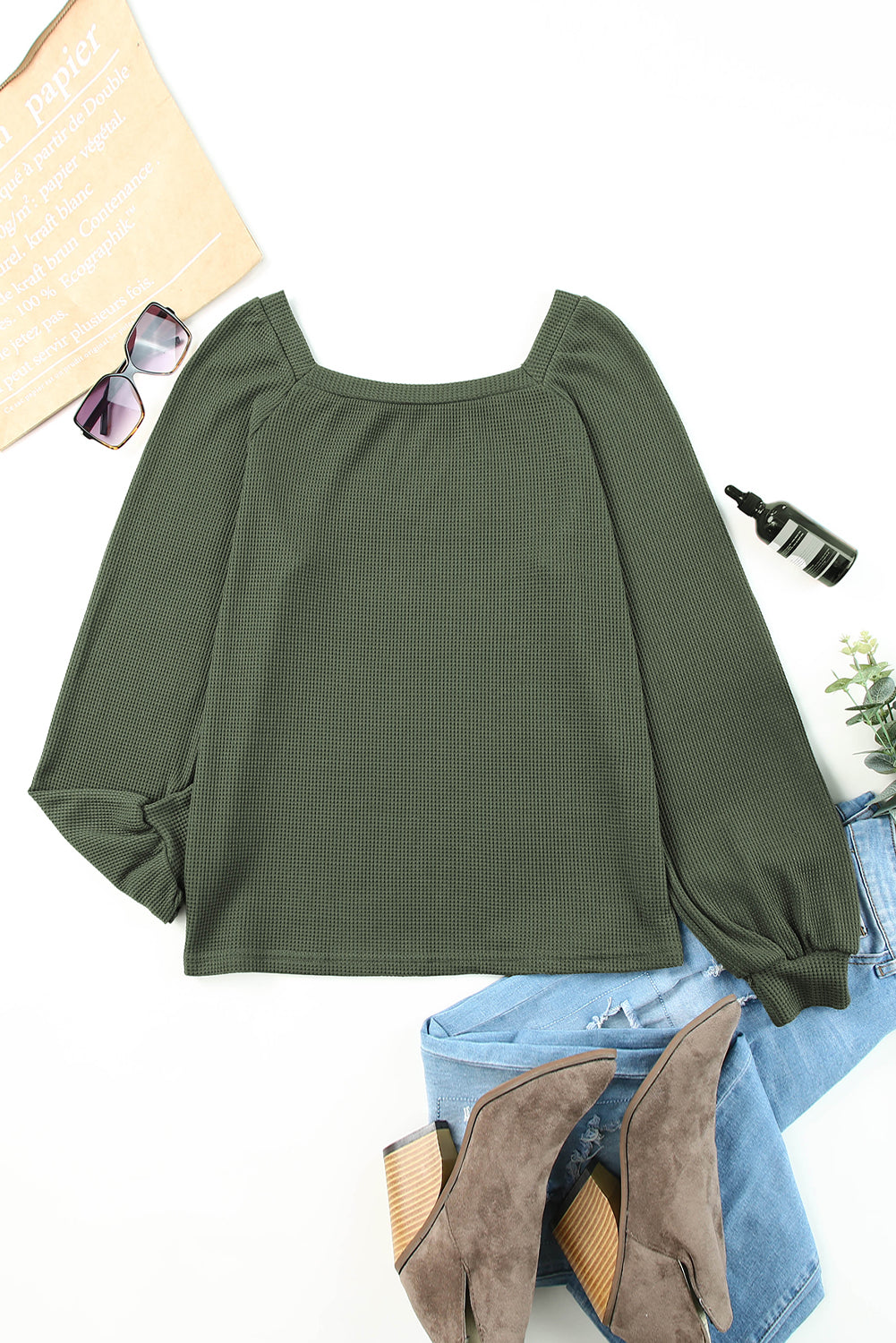 Green Square Neck Loose Fit Waffle Knit Long Sleeve Top