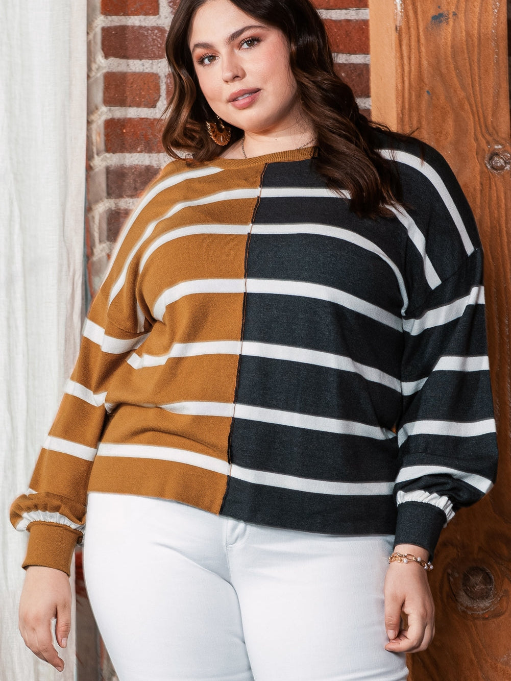 Plus Size Colorblock Striped Patchwork Loose Top