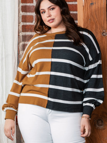 Plus Size Colorblock Striped Patchwork Loose Top
