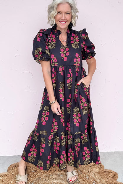 Beige Floral Short Bubble Sleeve Tiered Maxi Dress