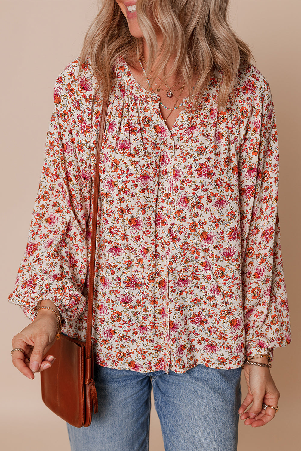 red floral blouse