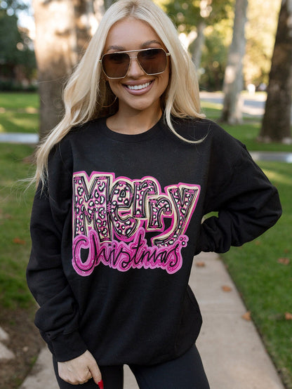 Holiday Monogram Leopard Print Graphic Sweatshirt