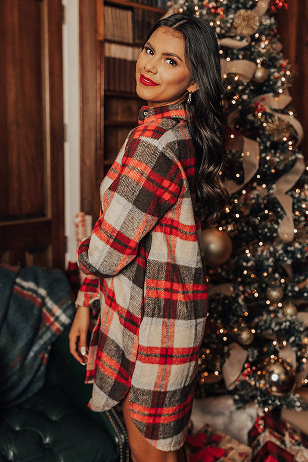 Red Plaid Buttoned Front Side Slit Tunic Shacket