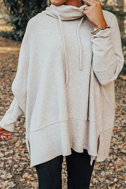 Light Grey Textured Knit Drawstring Cowl Neck Oversize Top with Side Slits