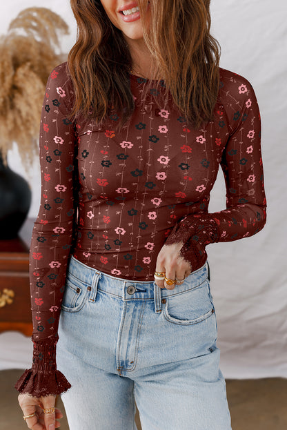 Red Floral Print Smocked Cuff Slim Fit Mesh Bodysuit