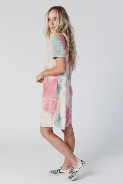 Loose Printed Short Sleeve Zippered V-neck Dress