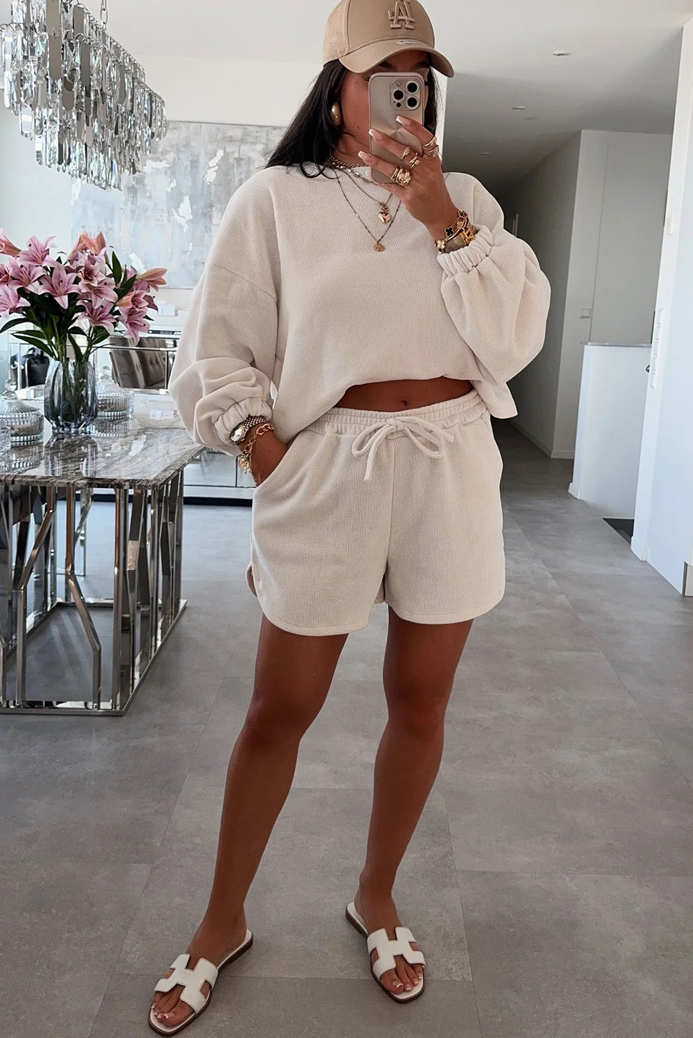 Jet Stream Solid Color Textured Knit Drop Shoulder Pullover Drawstring Shorts Set