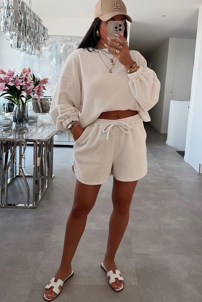 Jet Stream Solid Color Textured Knit Drop Shoulder Pullover Drawstring Shorts Set