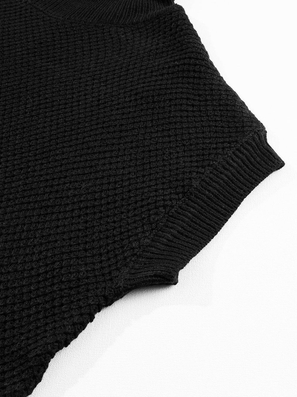 Elegant Black Ribbed Turtleneck Short Sleeve Sweater