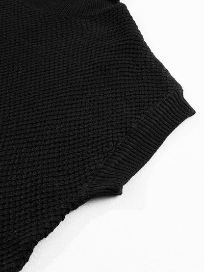 Elegant Black Ribbed Turtleneck Short Sleeve Sweater