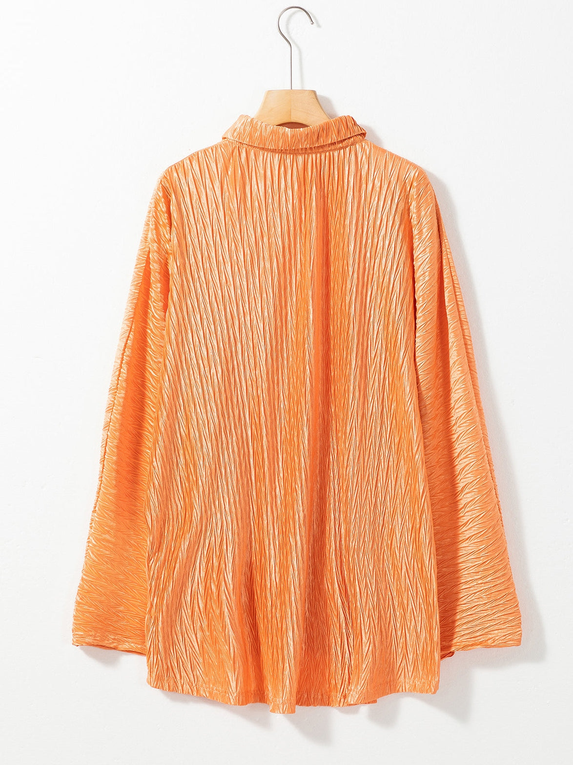 Grapefruit Orange Crinkled Texture Button-up Blouse with Wide Sleeves