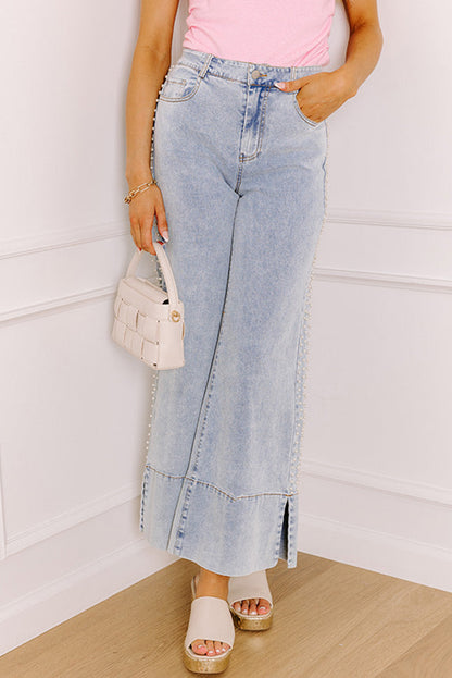 Beau Blue Mid Rise Pearl Embellished Split Wide Leg Jeans