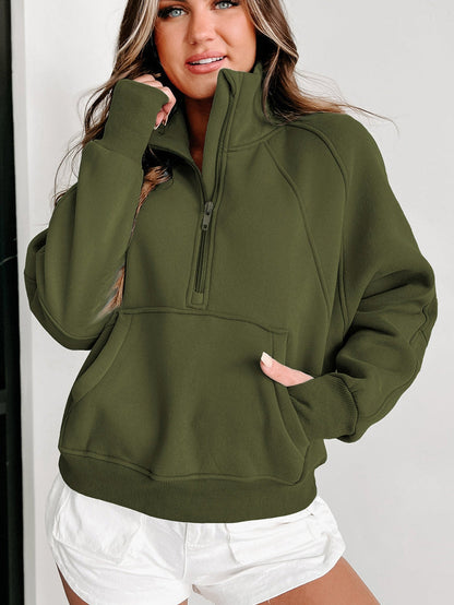 Green Ribbed Stand Collar Thumbhole Sleeve Casual Sweatshirt with Zipper